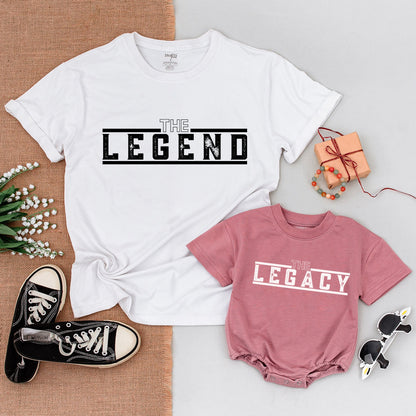 The Legend The Legacy Father Son Matching Shirt and Bodysuit Set Daddy and Me Modern Bold Black Text First Fathers Day Gift