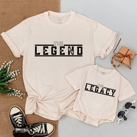 The Legend The Legacy Father Son Matching Shirt and Bodysuit Set Daddy and Me Modern Bold Black Text First Fathers Day Gift