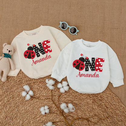 Personalized Ladybug 1st birthday outfit, Adorable Ladybug Romper for Baby Girl, Red Black Polka Dot Ladybug Bodysuit, Cute Party Celebration Outfit Gift