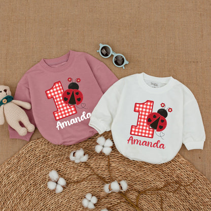 Personalized Ladybug 1st Birthday Romper Red Checkered One Name Bodysuit Cute Heart Spots Flowers Baby Girl Smash Cake Outfit