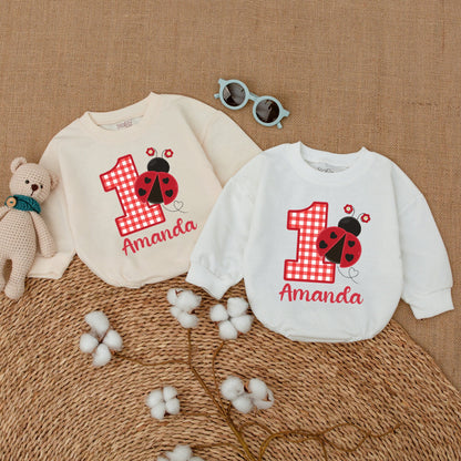 Personalized Ladybug 1st Birthday Romper Red Checkered One Name Bodysuit Cute Heart Spots Flowers Baby Girl Smash Cake Outfit