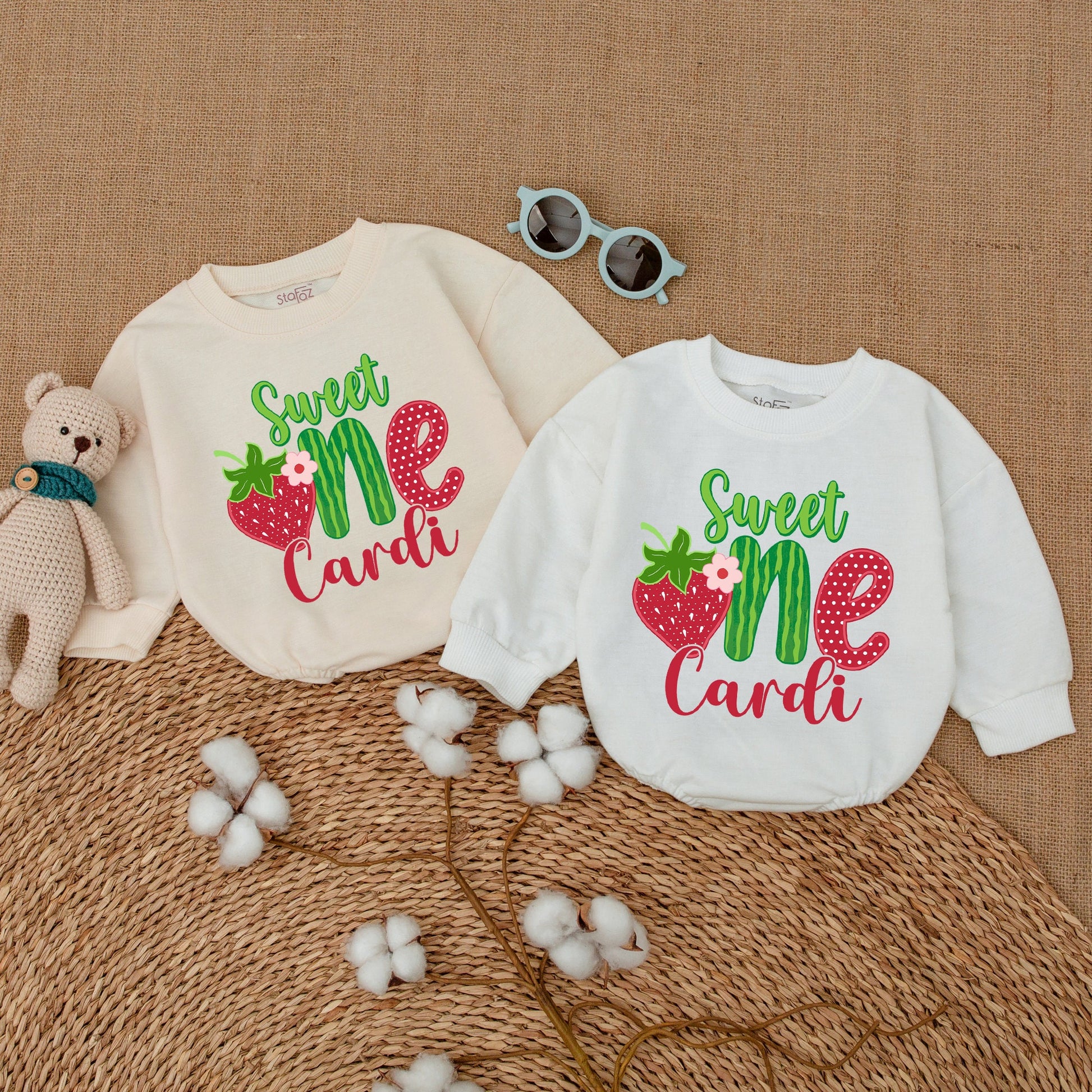 Personalized Sweet One Strawberry Birthday Bubble Romper Baby Girl First Birthday Smash Cake Outfit Playful Fruit Design Green Red Script Baby Shower Gift