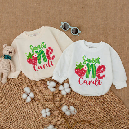 Personalized Sweet One Strawberry Birthday Bubble Romper Baby Girl First Birthday Smash Cake Outfit Playful Fruit Design Green Red Script Baby Shower Gift
