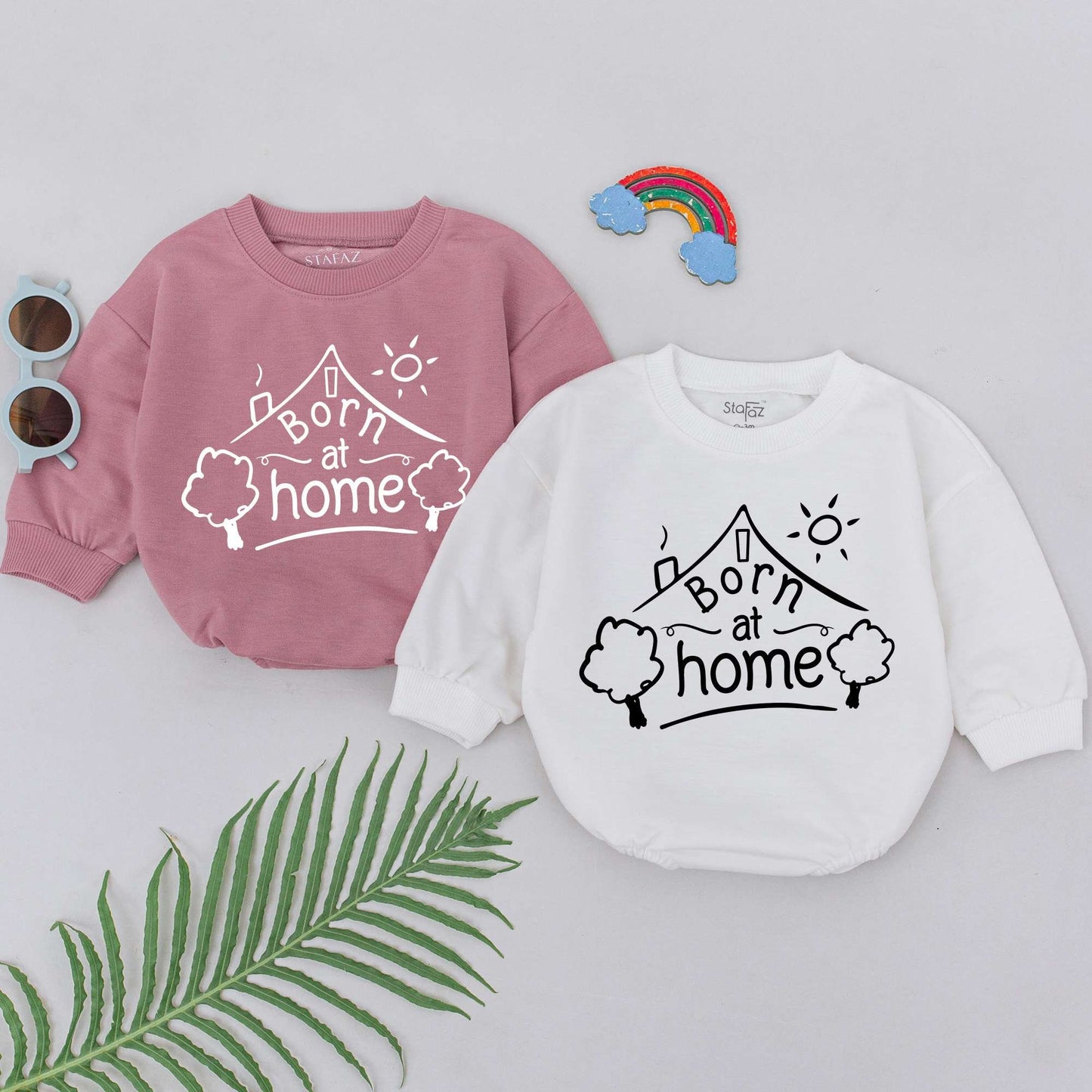 Born at Home Romper Sweet Hand-Drawn House Sun Design Newborn Baby Girl Boy Outfit for Natural Homebirth Water Birth Announcement Gift