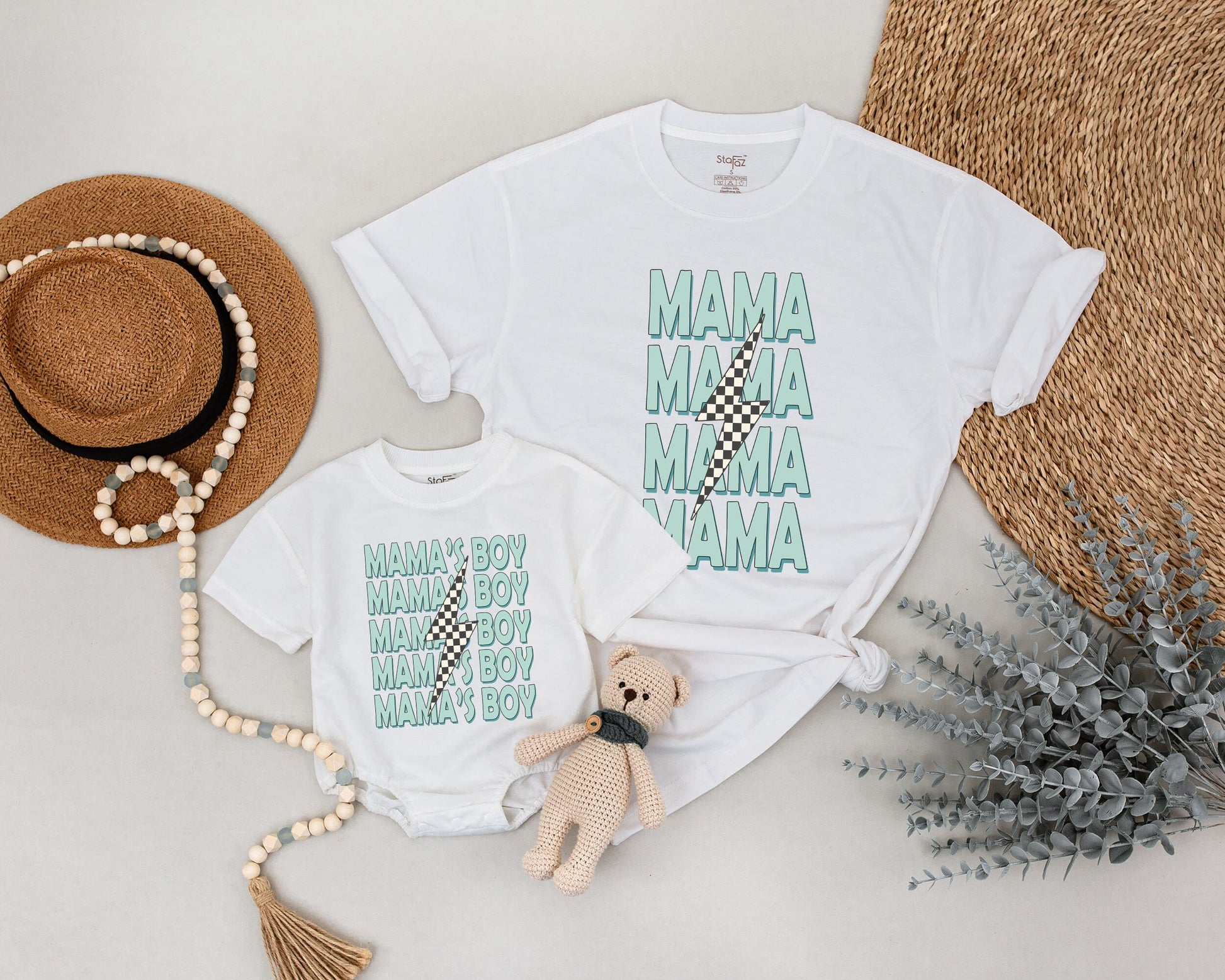 Mama and Son Matching Outfits featuring Stacked Mamas Boy Teal Lightning Bolt Modern Checkerboard Playful Toddler Baby Shower Gift