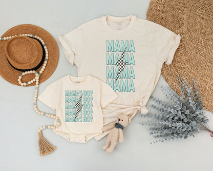 Mama and Son Matching Outfits featuring Stacked Mamas Boy Teal Lightning Bolt Modern Checkerboard Playful Toddler Baby Shower Gift