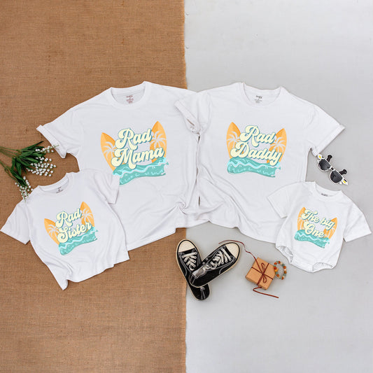 The Big One First Birthday Surf Family Matching Outfits Rad Daddy Mommy and Me Bodysuit Shirt Vintage Retro Beach Party Wave Design Celebration