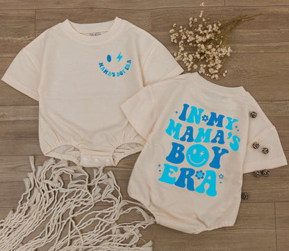 In My Mama's Boy Era Romper Retro Newborn Bodysuit with Blue Floral Lettering Playful Infant Clothes Baby Shower Gift Matching Family Outfit Announcement 139
