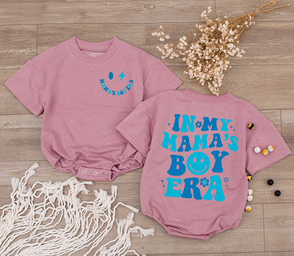 In My Mama's Boy Era Romper Retro Newborn Bodysuit with Blue Floral Lettering Playful Infant Clothes Baby Shower Gift Matching Family Outfit Announcement 139