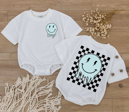 Retro Smiley Face Baby Romper Cute Checkered Bodysuit for Kids Happy Face Outfit Adorable Baby Shower Gift for Newborns Soft Cotton Toddler