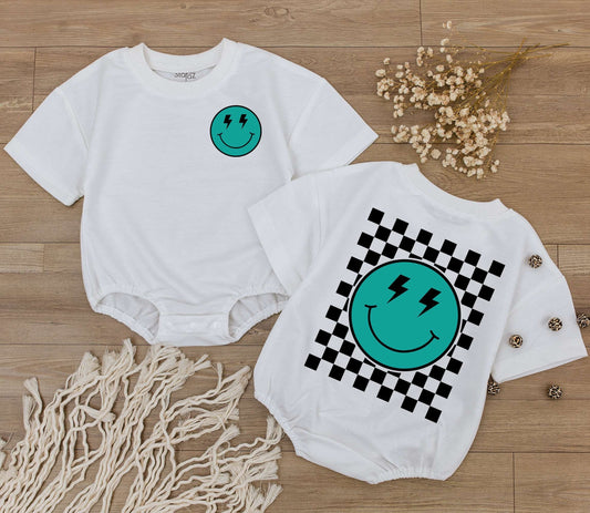 Playful Retro Smiley Face Teal Black Checkered Romper with Lightning Bolt Eyes Baby Bodysuit Newborn Outfit Shower Gift