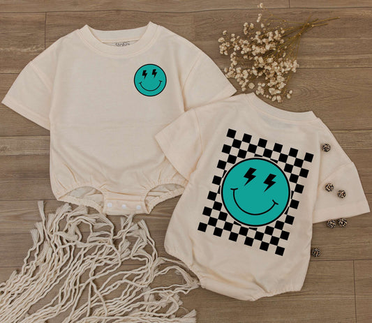 Playful Retro Smiley Face Teal Black Checkered Romper with Lightning Bolt Eyes Baby Bodysuit Newborn Outfit Shower Gift