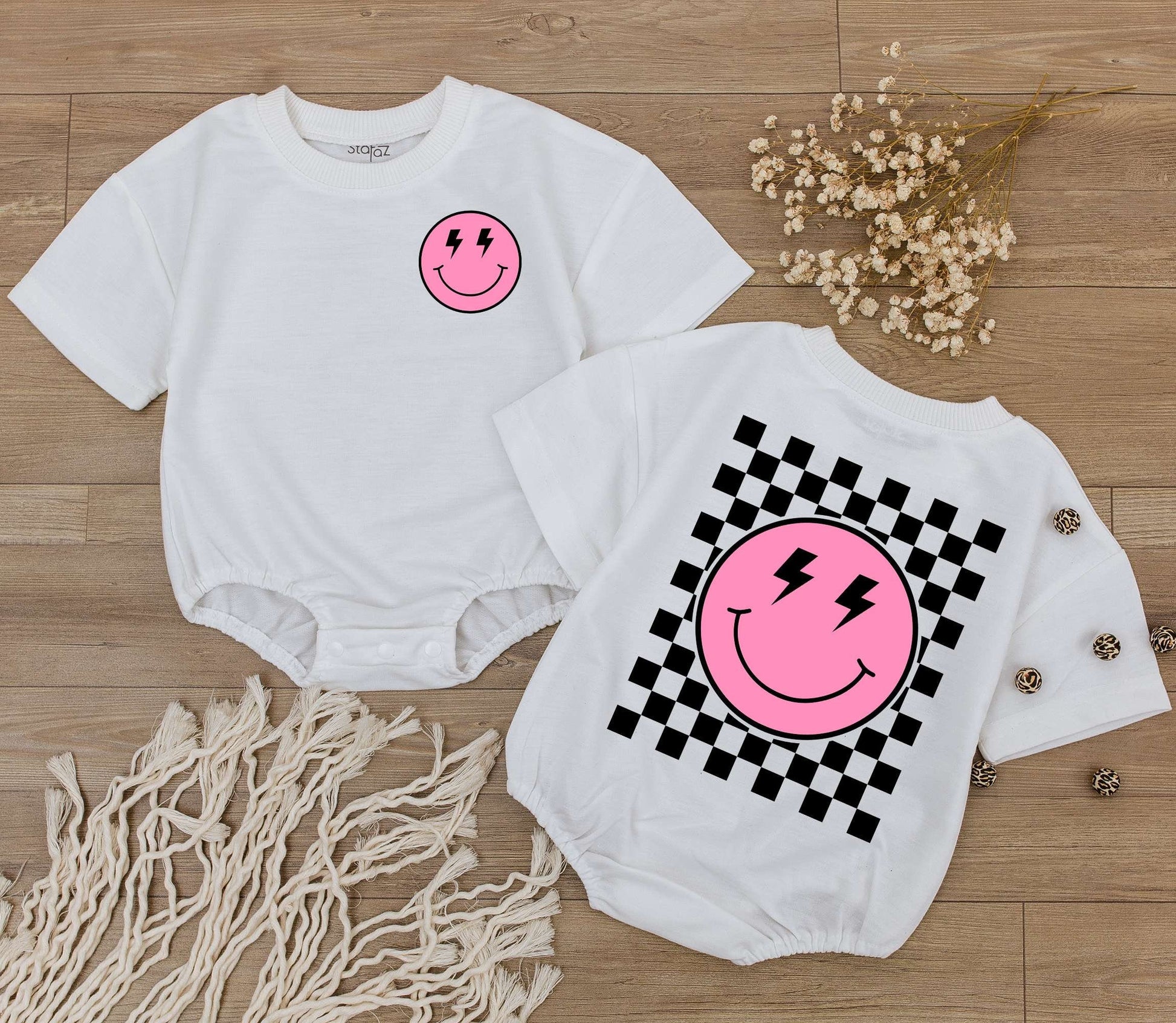 Retro Pink Smiley Face Baby Romper Lightning Bolt Eyes Checkered Back Graphic Outfit, Newborn Gift, Birthday Shirt, Fun Infant Clothes, 136 chars