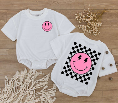 Retro Pink Smiley Face Baby Romper Lightning Bolt Eyes Checkered Back Graphic Outfit, Newborn Gift, Birthday Shirt, Fun Infant Clothes, 136 chars