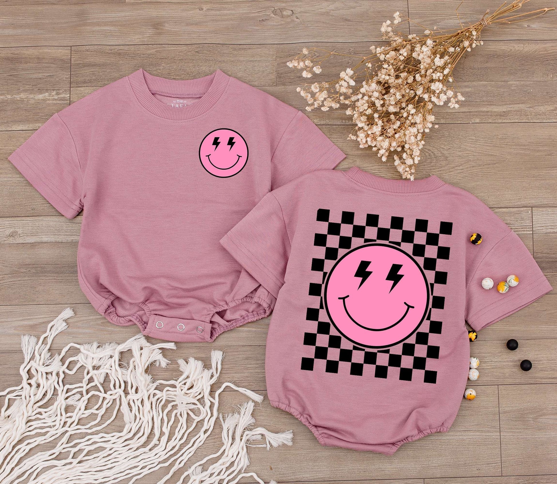 Retro Pink Smiley Face Baby Romper Lightning Bolt Eyes Checkered Back Graphic Outfit, Newborn Gift, Birthday Shirt, Fun Infant Clothes, 136 chars