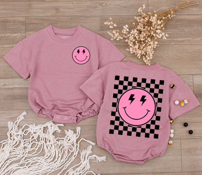 Retro Pink Smiley Face Baby Romper Lightning Bolt Eyes Checkered Back Graphic Outfit, Newborn Gift, Birthday Shirt, Fun Infant Clothes, 136 chars