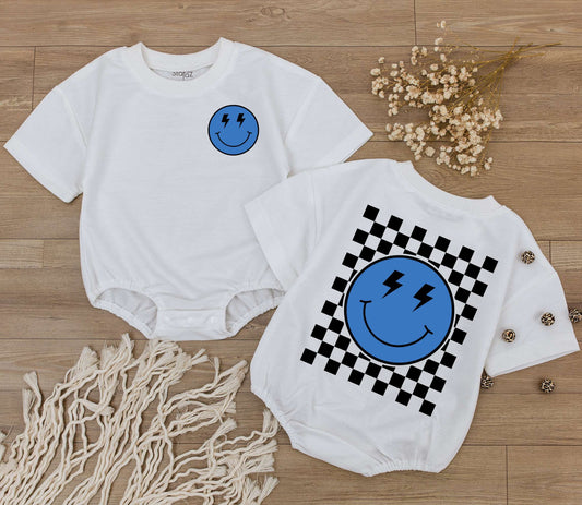 Retro Blue Smiley Face Romper with Lightning Eyes and Checkered Back Outfit Baby Toddler Clothes Perfect Baby Shower Gift Newborn Essentials