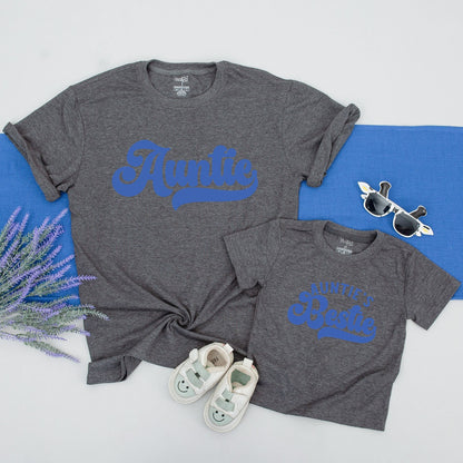 Auntie & Auntie's Bestie Matching Retro Shirts Cute Blue Cursive Font Family Gift Set Toddler Baby