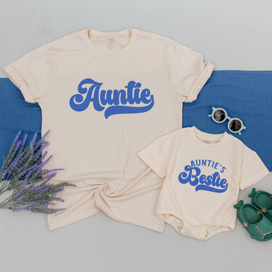 Auntie & Auntie's Bestie Matching Retro Shirts Cute Blue Cursive Font Family Gift Set Toddler Baby