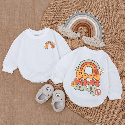 Good Vibes Only Groovy Rainbow Baby Girl Romper Retro 70s Birthday Outfit Bubble Bodysuit with Flower Star Peace Sign Design Clothes