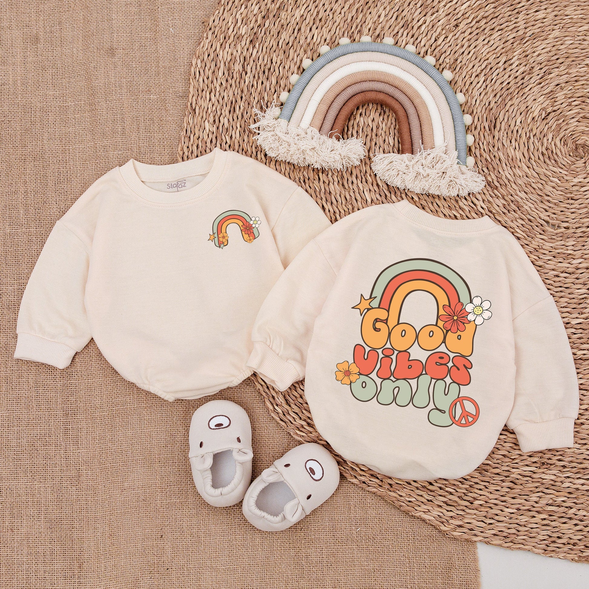 Good Vibes Only Groovy Rainbow Baby Girl Romper Retro 70s Birthday Outfit Bubble Bodysuit with Flower Star Peace Sign Design Clothes