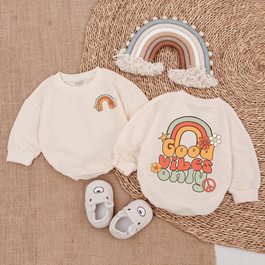Good Vibes Only Groovy Rainbow Baby Girl Romper Retro 70s Birthday Outfit Bubble Bodysuit with Flower Star Peace Sign Design Clothes