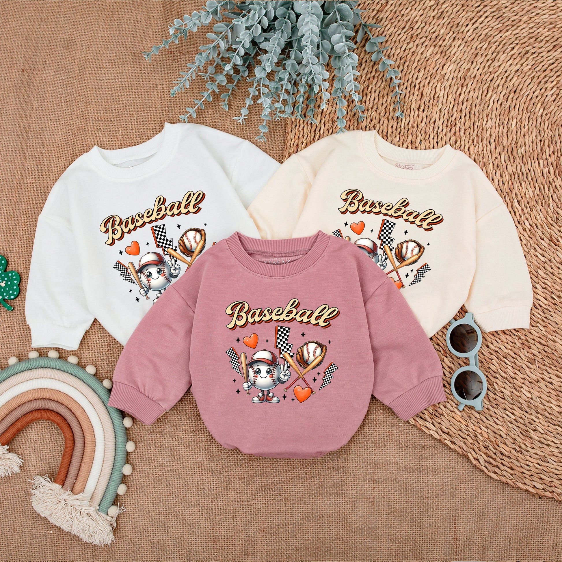 Game Day Baby Baseball Bubble Romper Fun Retro Outfit Newborn Boy Girl Soft Comfortable Orange Brown White Black Cartoon Design with Glove Bats Hearts Lightning
