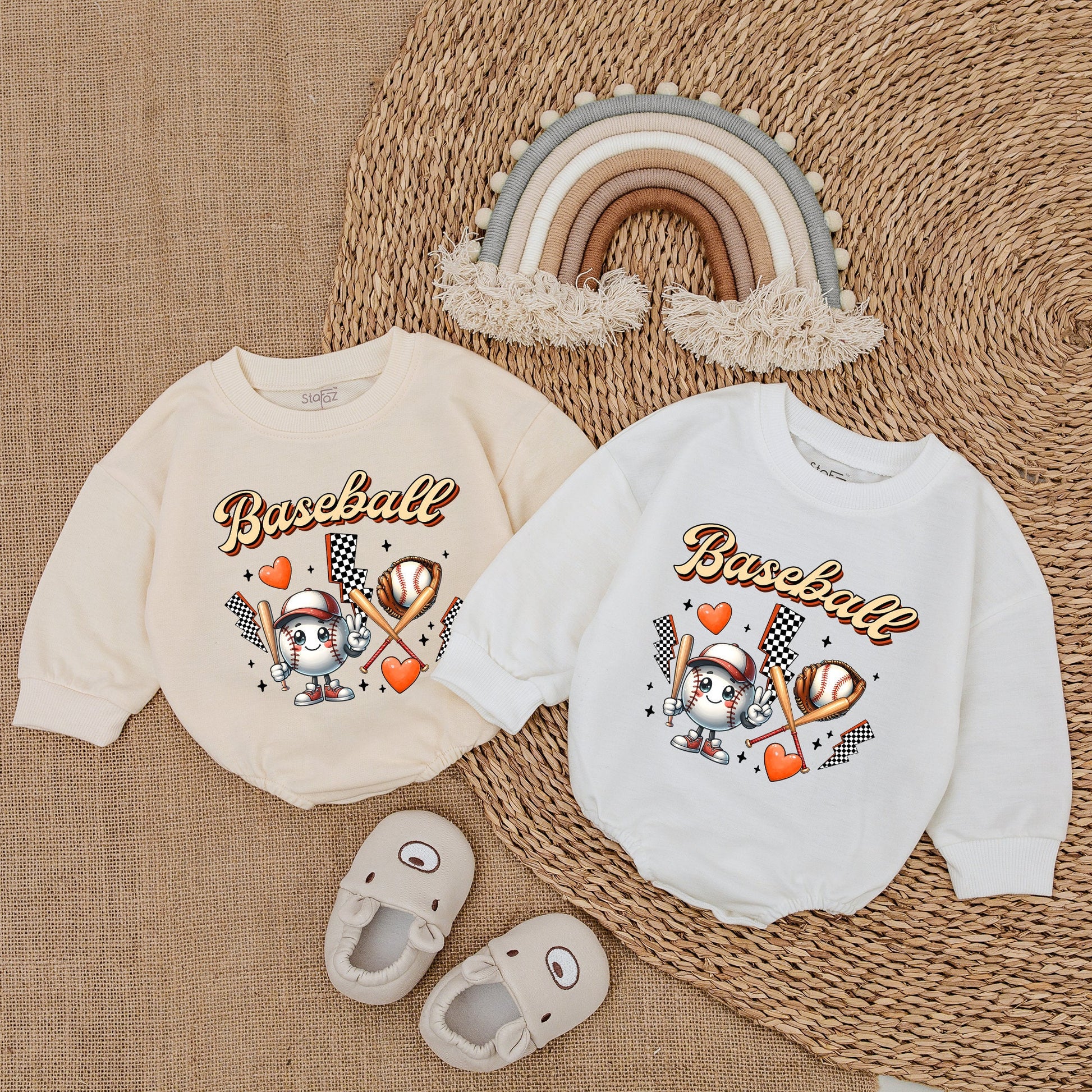 Game Day Baby Baseball Bubble Romper Fun Retro Outfit Newborn Boy Girl Soft Comfortable Orange Brown White Black Cartoon Design with Glove Bats Hearts Lightning
