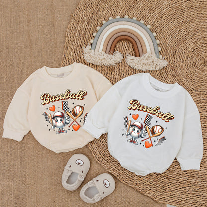 Game Day Baby Baseball Bubble Romper Fun Retro Outfit Newborn Boy Girl Soft Comfortable Orange Brown White Black Cartoon Design with Glove Bats Hearts Lightning
