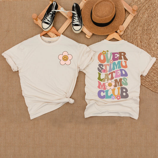 Retro Overstimulated Moms Club T-shirt Groovy Floral Design Funny Tee Vintage 70s Inspired Graphics Perfect for Beach Lake Weekend Comfort