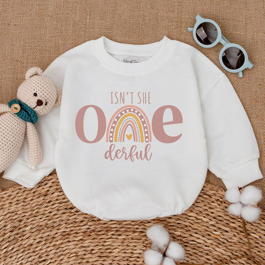 Isn't She ONEderful First Birthday Romper Boho Rainbow Baby Girl Bodysuit Pastel Pink Whimsical Celebration Outfit One Year Old Gift