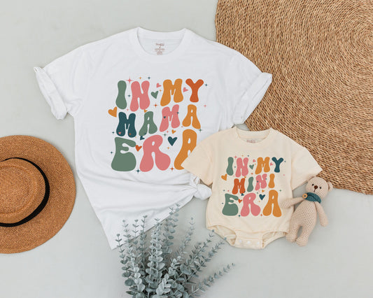Personalized In My Mama Mini Era Matching Mommy and Me Shirts Groovy Bubble Font Retro Muted Green Orange Pink Hearts Starbursts Playful Vintage Mother's Day Gift