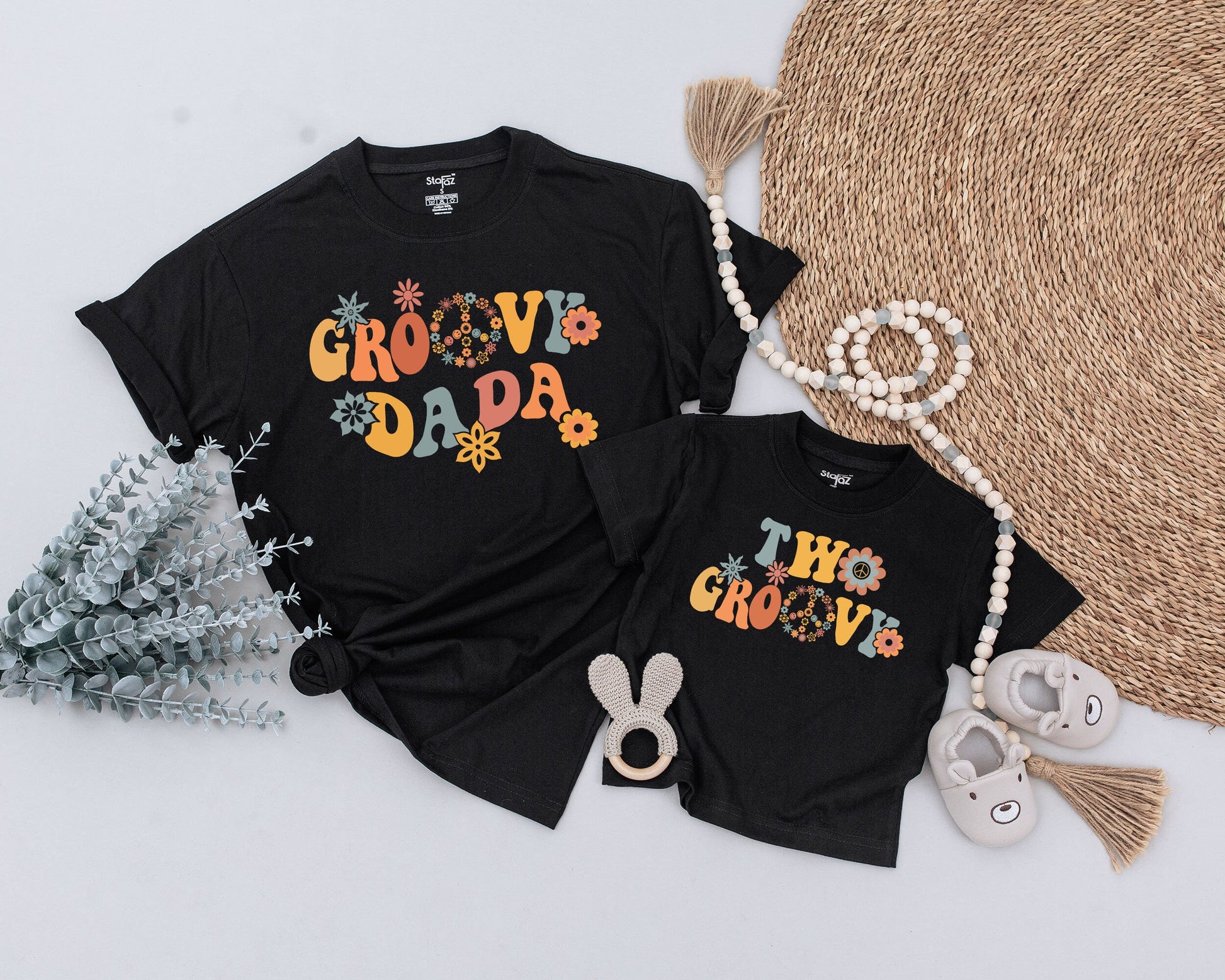 Two Groovy Birthday Girl Outfit 2nd Birthday Matching Family Retro 70s Floral Peace Sign Vintage Orange Yellow Teal Pink Shirts