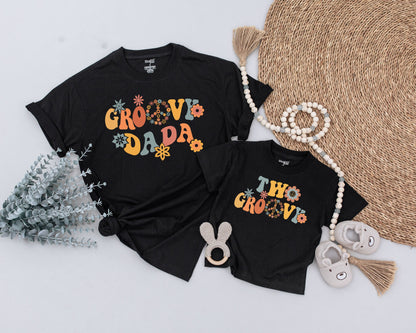 Two Groovy Birthday Girl Outfit 2nd Birthday Matching Family Retro 70s Floral Peace Sign Vintage Orange Yellow Teal Pink Shirts