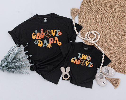 Two Groovy Birthday Girl Outfit 2nd Birthday Matching Family Retro 70s Floral Peace Sign Vintage Orange Yellow Teal Pink Shirts