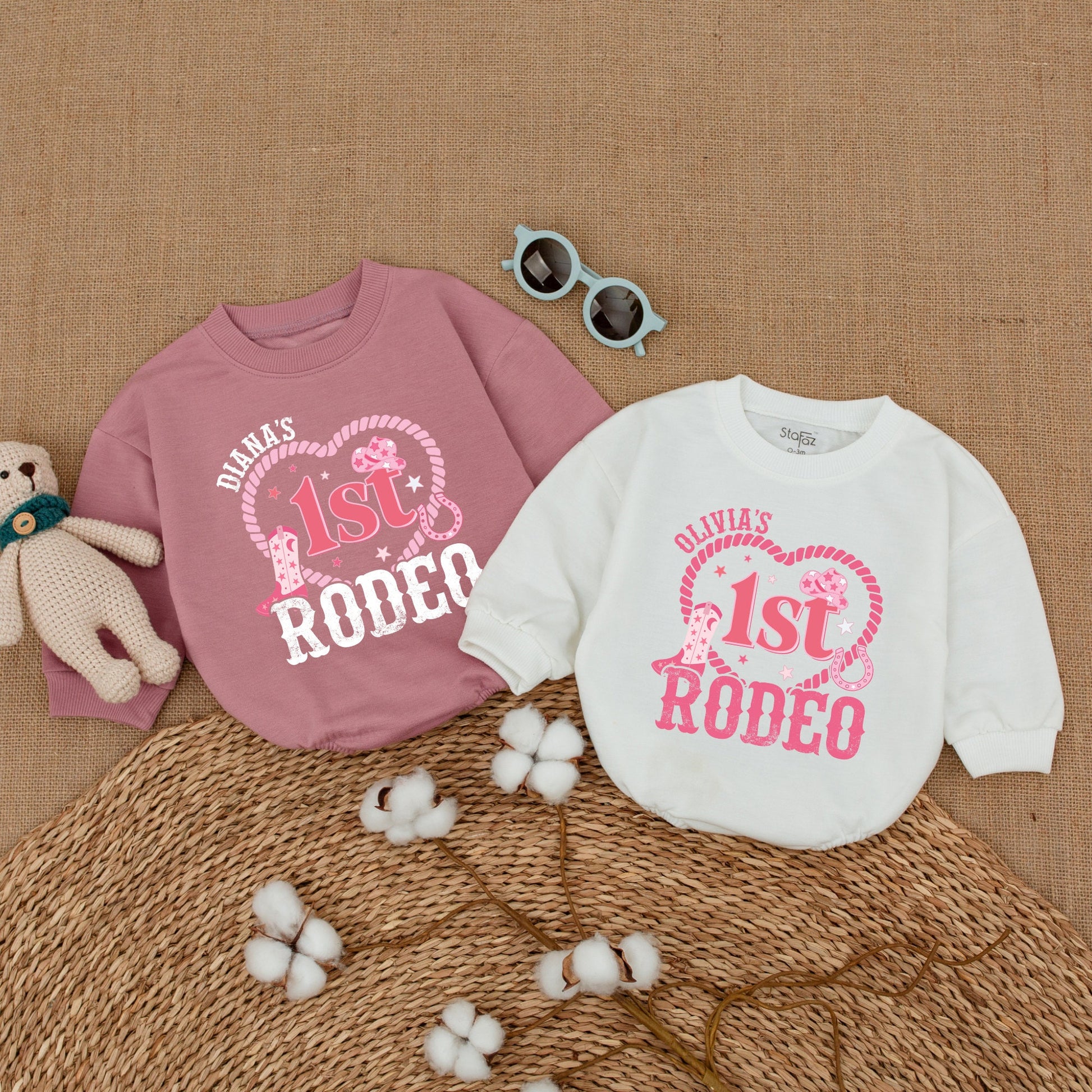 Personalized Pink 1st Rodeo Birthday Baby Girl Romper Western Cowgirl Outfit Soft Cotton Star Hat Boot Vintage Country Party