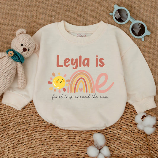 Personalized First Trip Around the Sun Romper for Baby Girl's 1st Birthday with Boho Sun Rainbow Pastel Design Sweet Sunshine Smash Cake Outfit Gift