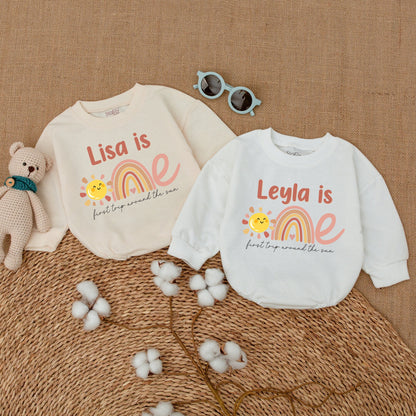 Personalized First Trip Around the Sun Romper for Baby Girl's 1st Birthday with Boho Sun Rainbow Pastel Design Sweet Sunshine Smash Cake Outfit Gift