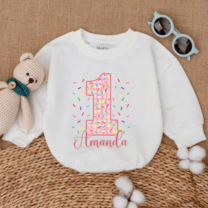 Personalized Pink Gingham Donut First Birthday Romper Sweet One Girl with Sprinkles & Amanda's Name, adorable Baby Bodysuit Smash Cake Outfit