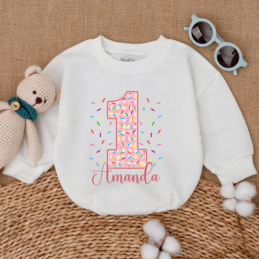 Personalized Pink Gingham Donut First Birthday Romper Sweet One Girl with Sprinkles & Amanda's Name, adorable Baby Bodysuit Smash Cake Outfit