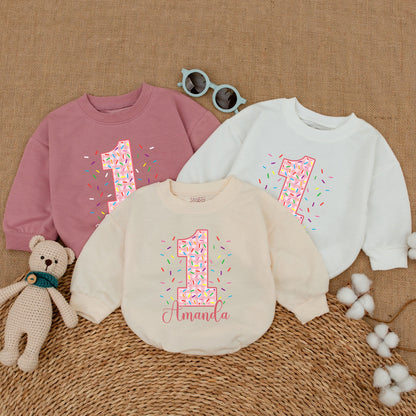 Personalized Pink Gingham Donut First Birthday Romper Sweet One Girl with Sprinkles & Amanda's Name, adorable Baby Bodysuit Smash Cake Outfit