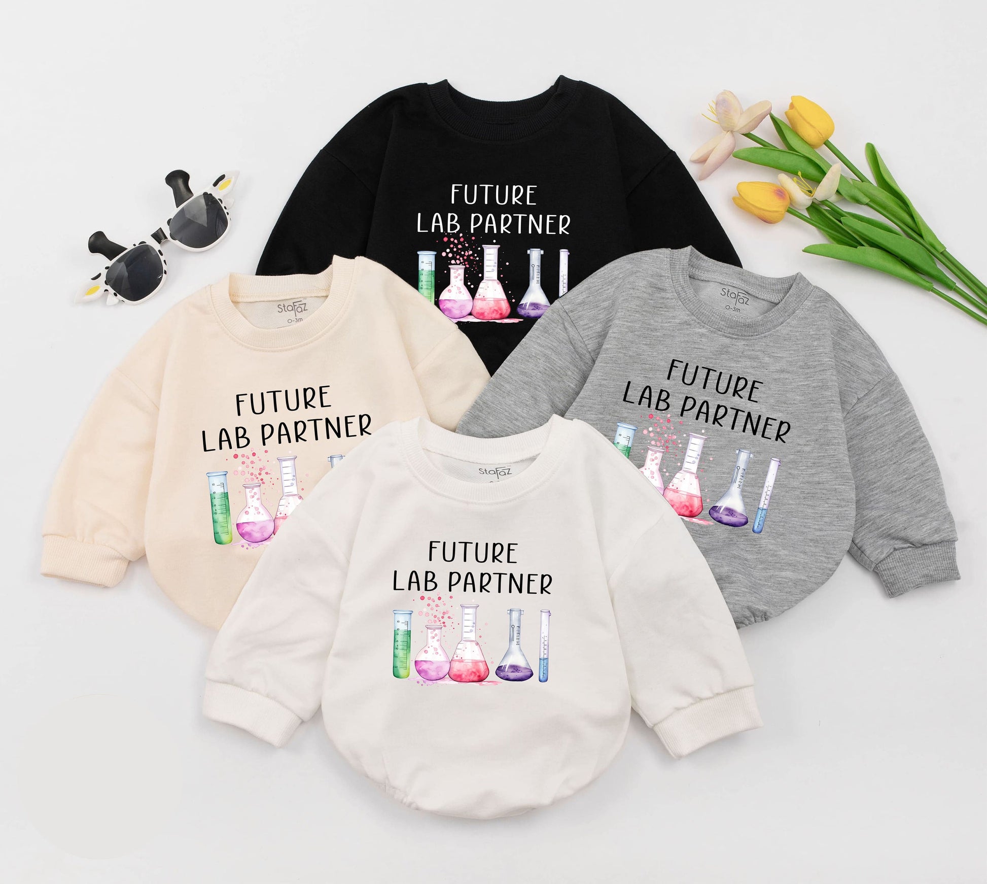 Future Lab Partner Science Baby Romper Bodysuit Cute Scientist Gift, adorable watercolor lab glassware design with pink purple green liquids, perfect future chemist new born outfit.