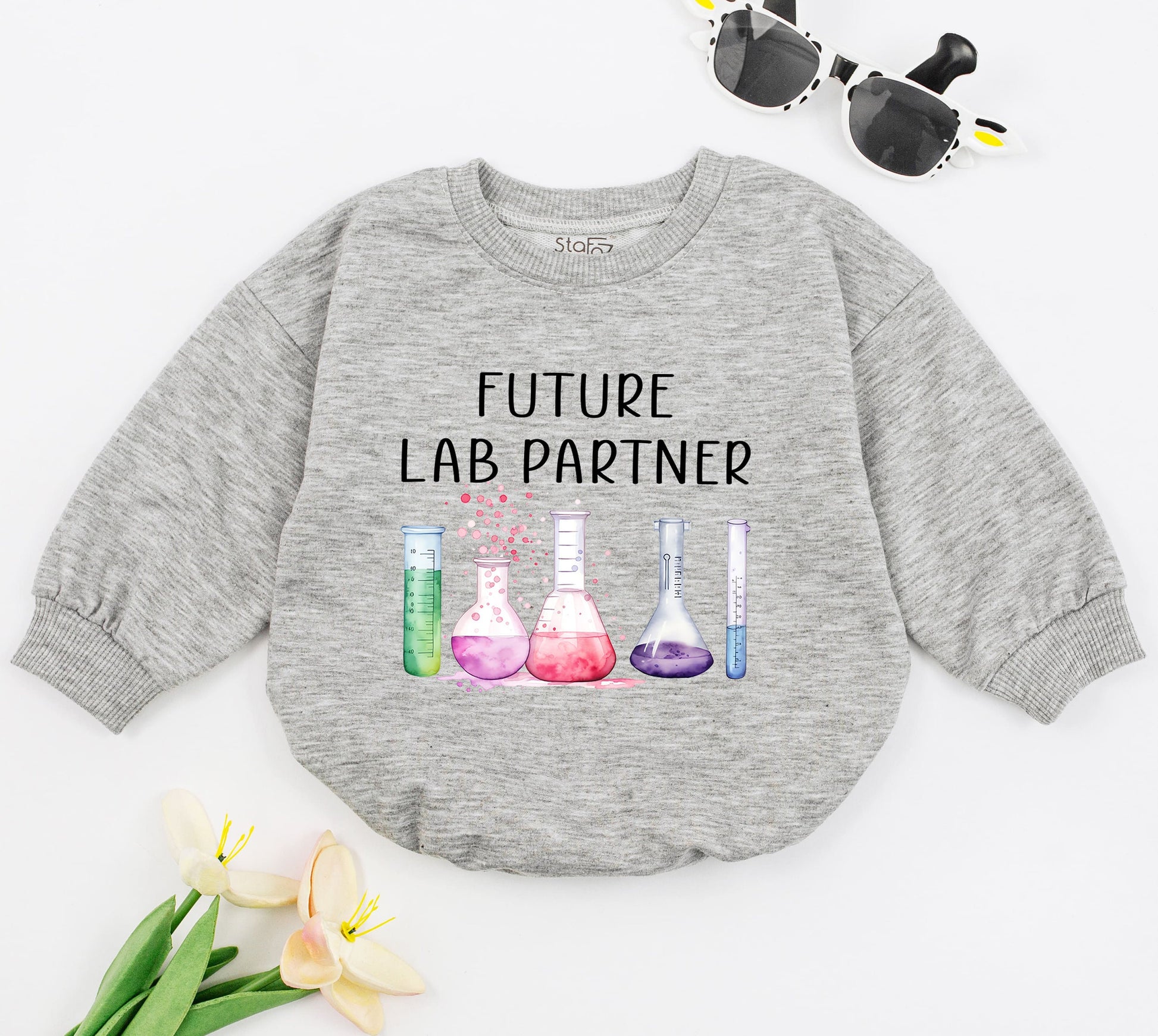 Future Lab Partner Science Baby Romper Bodysuit Cute Scientist Gift, adorable watercolor lab glassware design with pink purple green liquids, perfect future chemist new born outfit.
