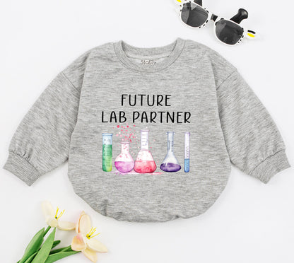 Future Lab Partner Science Baby Romper Bodysuit Cute Scientist Gift, adorable watercolor lab glassware design with pink purple green liquids, perfect future chemist new born outfit.