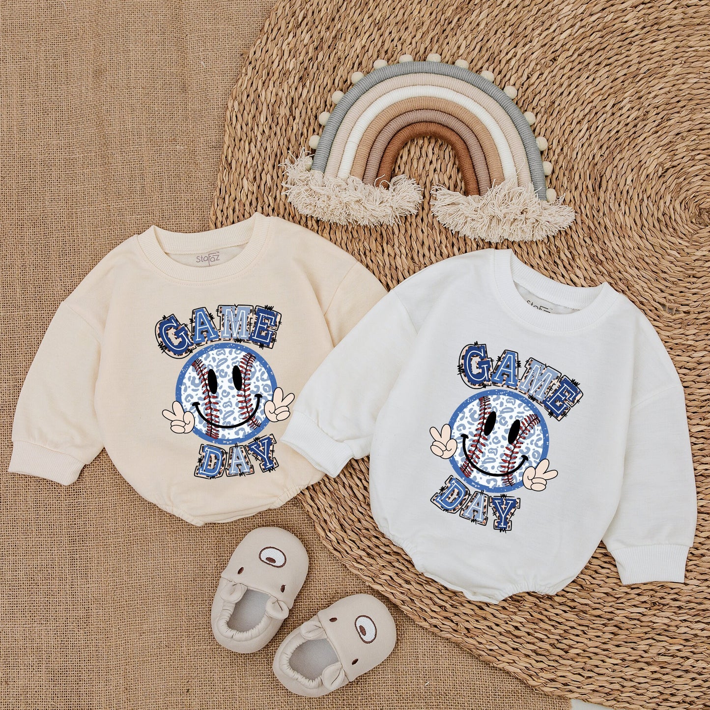 Cute Game Day Baby Baseball Bubble Romper Outfit Newborn Bodysuit for Infant Boys & Girls Playful Smiley Face Peace Sign Blue Red Leopard Print Design