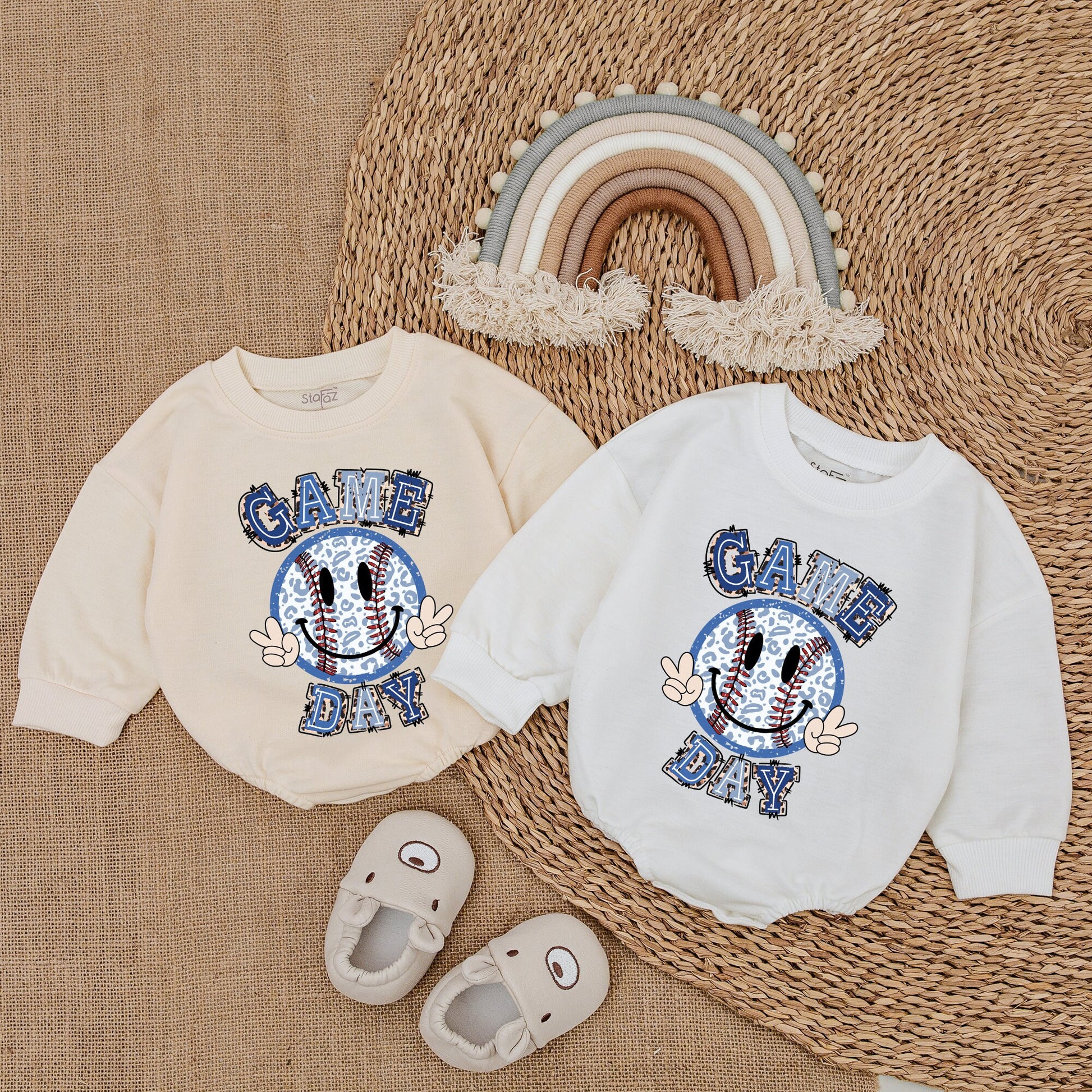 Cute Game Day Baby Baseball Bubble Romper Outfit Newborn Bodysuit for Infant Boys & Girls Playful Smiley Face Peace Sign Blue Red Leopard Print Design