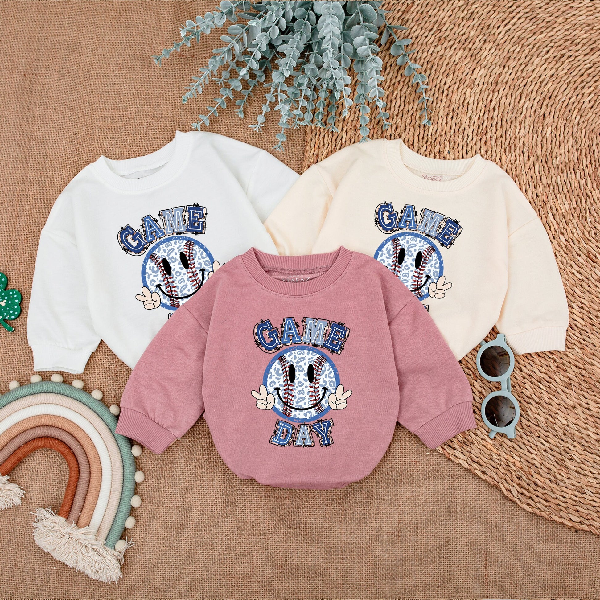 Cute Game Day Baby Baseball Bubble Romper Outfit Newborn Bodysuit for Infant Boys & Girls Playful Smiley Face Peace Sign Blue Red Leopard Print Design