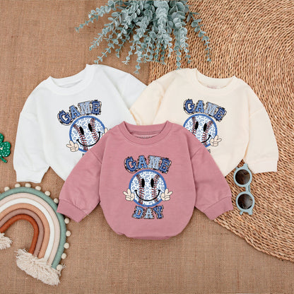 Cute Game Day Baby Baseball Bubble Romper Outfit Newborn Bodysuit for Infant Boys & Girls Playful Smiley Face Peace Sign Blue Red Leopard Print Design