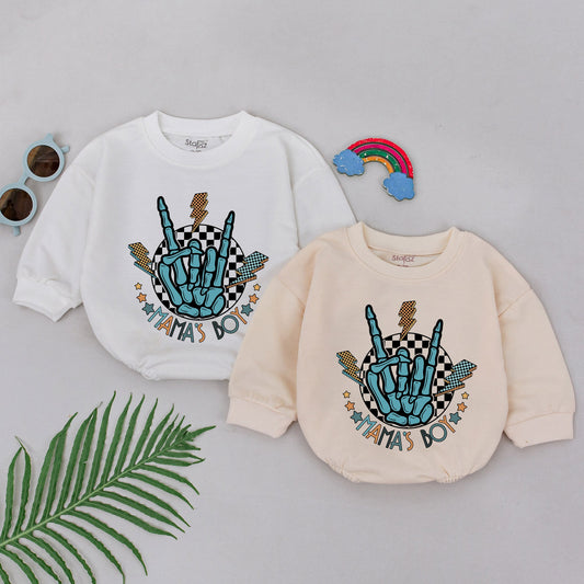 Retro Mama's Boy Baby Romper Rock On Skeleton Hand Light Blue Checkered Lightning Design Soft Newborn Bodysuit Unique Mother's Day Gift for Boys