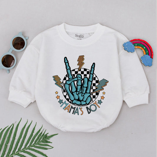 Retro Mama's Boy Baby Romper Rock On Skeleton Hand Light Blue Checkered Lightning Design Soft Newborn Bodysuit Unique Mother's Day Gift for Boys